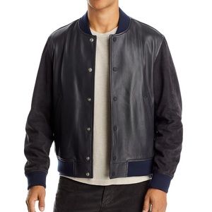 THEORY NAVY BLUE LEATHER VARSITY JACKET